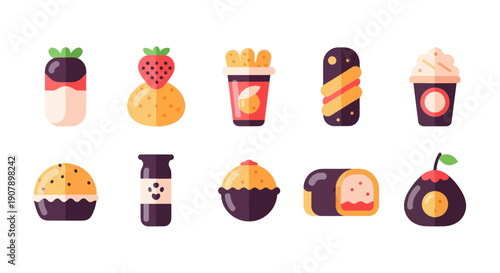 Colorful flat icon set of various desserts and sweet treats