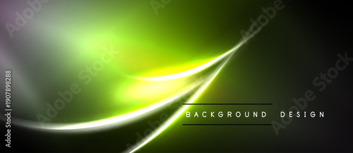Abstract green background. Smooth curves create dynamic light effect. Dark areas contrast bright central glow. Modern design element.