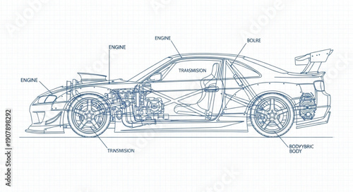 Detailed Technical Drawing of Racing Car.