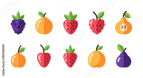 Colorful flat fruit icons berries oranges strawberries and pears