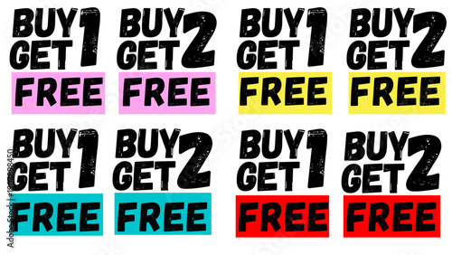 Bold promotional text reading “Buy 1 Get 1 Free” and “Buy 2 Get 2 Free” for retail and marketing campaigns