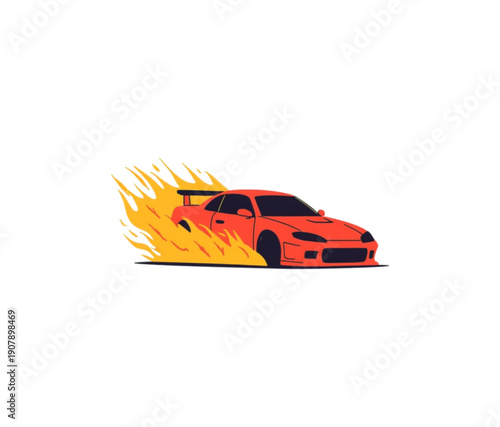 A vibrant orange sports car speeding with flames trailing behind it in a dynamic vector illustration.