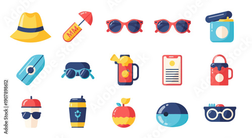 Collection of summer themed icons hats sunglasses drinks and more