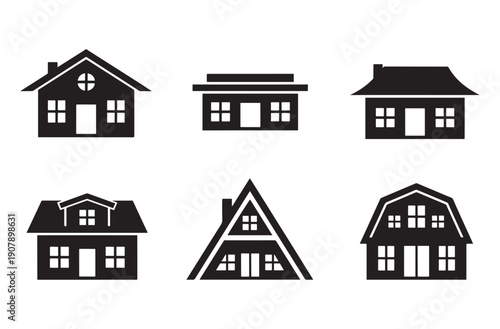 Five Black Houses on White Background, Minimalist Line Art Featuring Small Pointed Roof and Triangular House, Simple Architectural Illustration