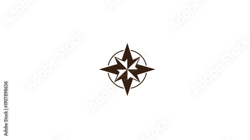 A simple, brown, compass rose inside a circle on a stark white background