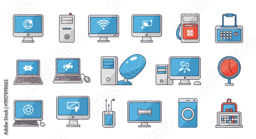 Collection of stylized computer icons depicting digital technology and devices