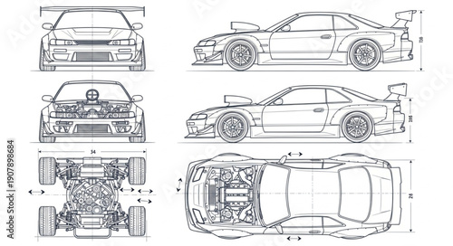 Detailed Technical Drawings of a Sports Car.