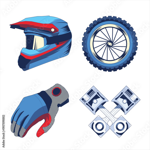 Collection of essential blue and red motocross gear and engine components including a protective helmet, knobby tire, padded glove, and crossed pistons representing power and racing mechanics