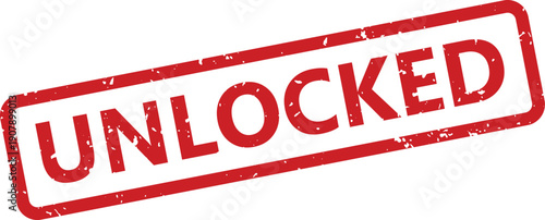 A rectangular red grunge rubber stamp featuring the word UNLOCKED diagonally positioned on a bright white canvas