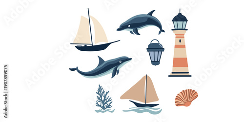 nautical set with boats, lighthouse, dolphins, and ocean elements