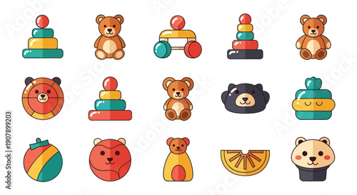 Collection of colorful toy icons bears stacking rings and rolling toys