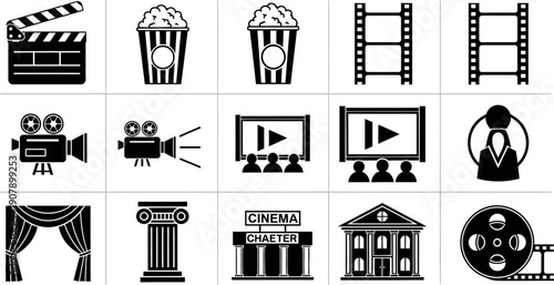 Collection of film and theater icons isolated on transparent background