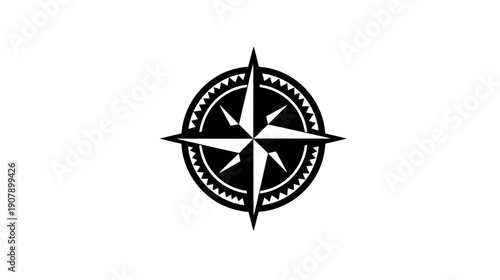 A stark, minimalist illustration of a navigational tool, a compass rose, set against a white backdrop