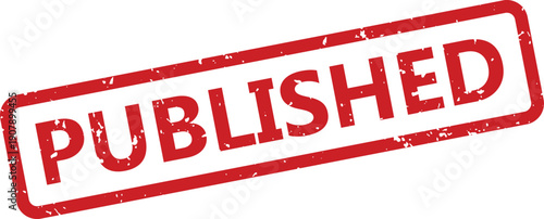 A rectangular red grunge rubber stamp with the word PUBLISHED in bold capital letters on a bright white background