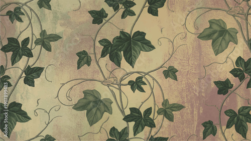 Elegant botanical ivy vine pattern seamlessly woven across a rustic, textured backdrop, offering a sophisticated and timeless design for decorative wallpaper, fabric prints, or artistic backgrounds