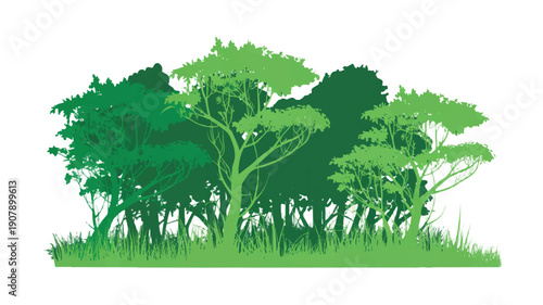 Stylized green forest vector illustration, a decorative nature motif with diverse trees and foliage, ideal for eco-friendly patterns and graphics