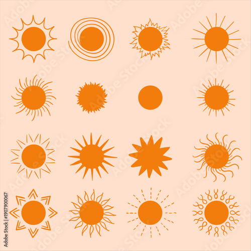 Collection of sixteen unique hand drawn orange sun icons featuring diverse ray styles, decorative shapes, and simple circles illustrating the celestial body in a pattern design.