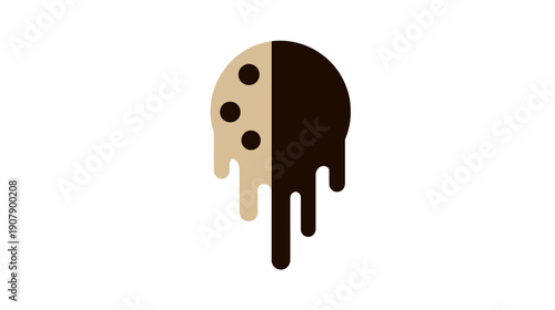 Stylized, symmetrical graphic. Half is beige with dark dots. The other half is brown and dripping