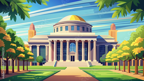 Very beautiful sunny exterior view of the MIT Chapel, a distinctive brick cylindrical structure at Massachusetts Institute of Technology (MIT) in Cambridge, Massachusetts, USA.