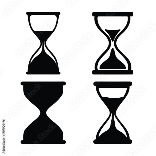 Collection of black and white hourglass icons depicting time passing or a time limit