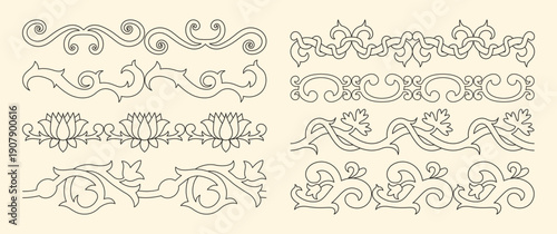 Seamless medieval ornaments with flowers, thorns, vines and swirls. Outline ornate borders with interwoven stems. Elegant victorian patterns in black color. Vector graphic