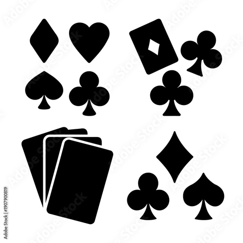 Collection of playing card suits and cards silhouette icons for game design and illustration