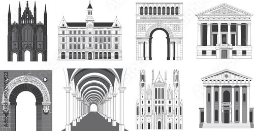 Historic architectural landmarks illustration featuring cathedral palace triumphal arch classical building corridor facade detailed vintage style iconic structures collection