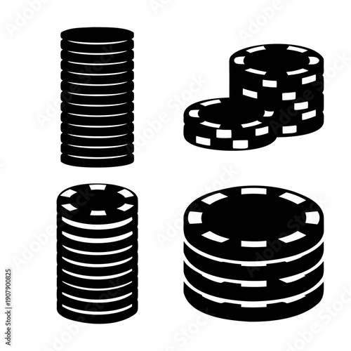 Stylized black and white poker chips illustration depicting various stacks and arrangements