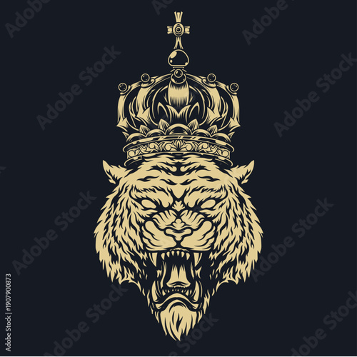 Majestic roaring tiger head wearing an ornate royal crown illustration symbolizing fierce power untamed sovereignty and regal authority presented in a striking monochrome graphic style against a dark 