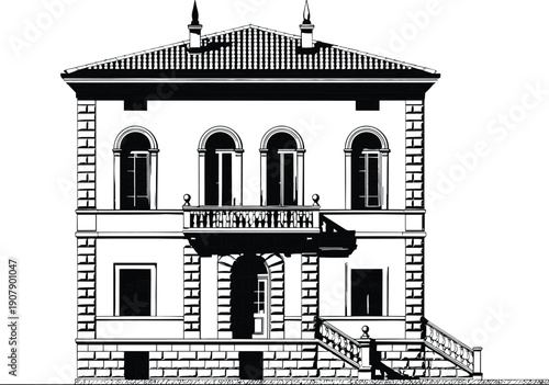 Historic classical mansion facade illustration featuring vintage European villa architecture, elegant residence exterior, heritage landmark detailed line artwork design