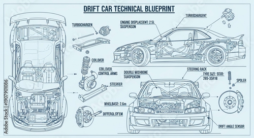 Drift Car Technical Blueprint Diagram.