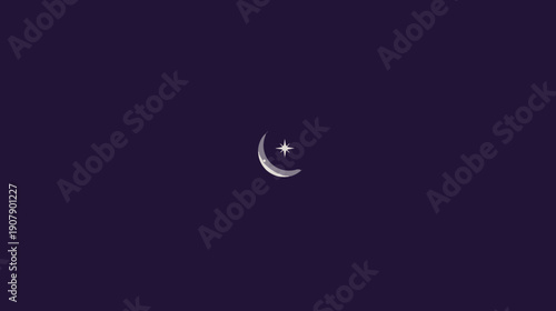 A stylized crescent moon and star against a dark indigo background