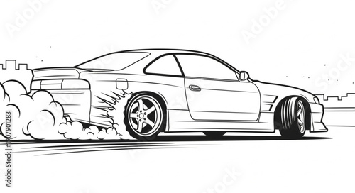 Drifting Sports Car Emitting Smoke and Tire Marks.