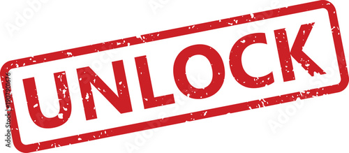 A red rectangular grunge rubber stamp displaying the word UNLOCK on a clean white surface
