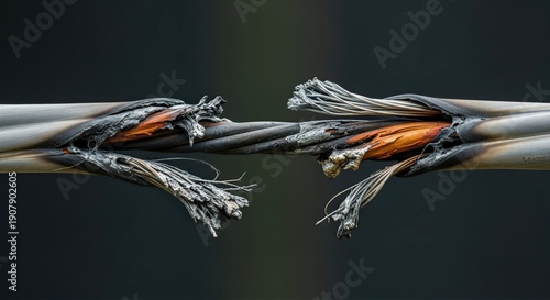 Wallpaper Mural Severed electrical cable with frayed wires and exposed copper conductors. Damaged insulation revealing inner components. Electrical safety hazard and wiring repair concept for industrial maintenance Torontodigital.ca