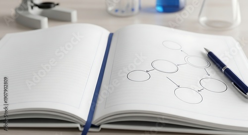Open notebook with flowchart and pen, symbolizing scientific research and data analysis
