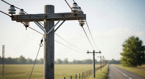 Wooden utility pole supporting power lines across rural field. Energy infrastructure in countryside landscape. Rural electrification and transmission concept for power grid illustration