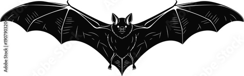 Black Bat Silhouette Vector Illustration with Spread Wings Isolated on White Background for Halloween Decorations Spooky Gothic Design Wildlife Posters and Nocturnal Nature Projects