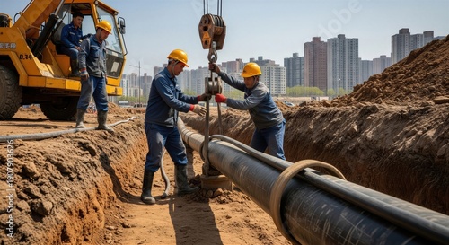 Wallpaper Mural Asian construction workers guiding large pipe with crane into urban trench. Infrastructure development and civil engineering in city building project Torontodigital.ca