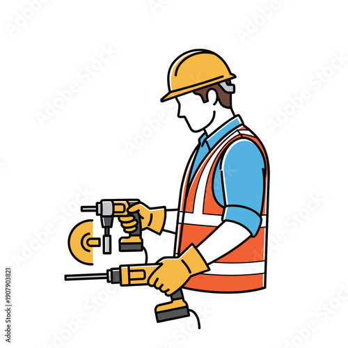 Contractor holding power drill and angle grinder tools