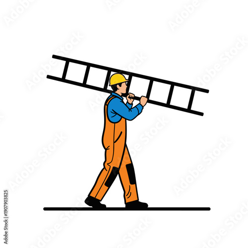 Contractor carrying long extension ladder on shoulder at worksite