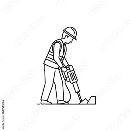 Construction worker using pneumatic jackhammer for pavement demolition line art