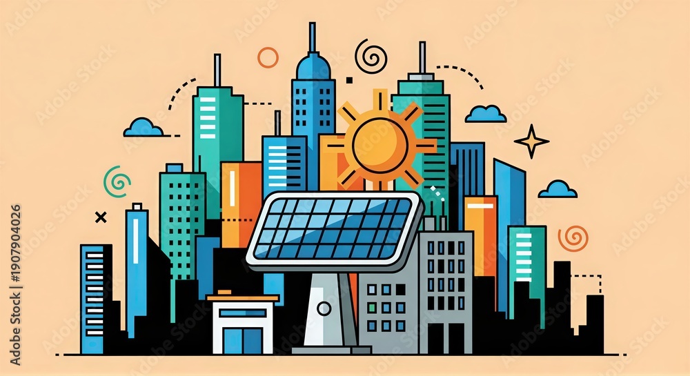 Obraz premium Urban city skyline with large solar panel and shining sun. Modern buildings in colorful flat design. Sustainable energy concept for renewable power and eco-friendly architecture