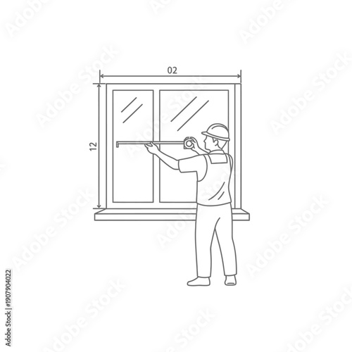 Draftsman measuring window dimensions with tape measure sketch