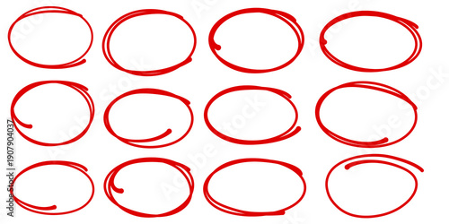 Circle frame set. Red highlighter circle on white background. Brush highlight text circles deign.