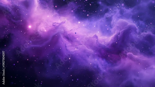 Celestial journey flying through a stunning cosmic cloud of purple gas and shining stars in deep space