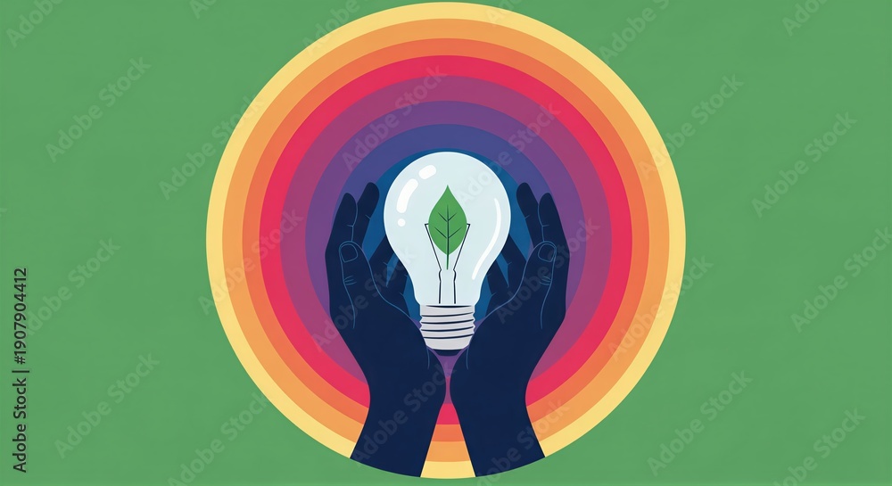 Fototapeta premium Hands cradling lightbulb with green plant inside. Sustainable innovation and eco-friendly idea concept. Environmental creativity and green technology illustration
