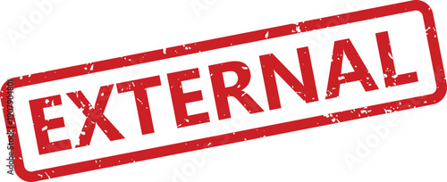 A striking red rectangular textured rubber stamp clearly featuring the word EXTERNAL on a pure white surface