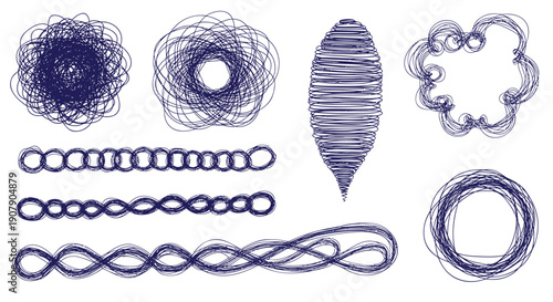 Blue scribble shapes and lines vector set, abstract decorative elements for design, illustration or graphic resources, isolated on transparent background, png