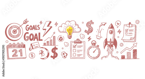 Vector business goal icons, including calendar, chart, clock, and rocket, for marketing or presentation, Isolated on transparent background, png